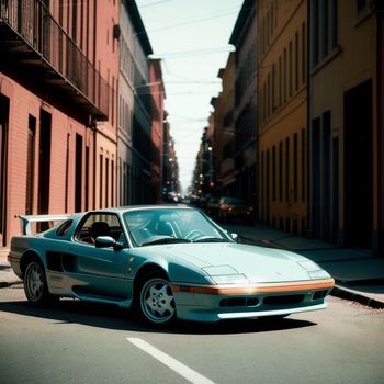 car parked on the side of a street next to a building with a sky blue roof and a white top