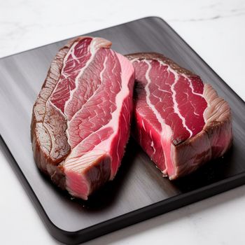 two pieces of raw meat on a black plate on a white table top with a marble background and a black tray with a black edge