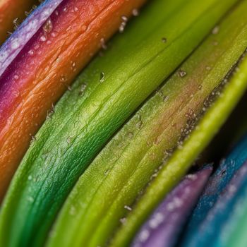 close up of a bunch of colorful flowers with drops of water on them and a green stem with a red end