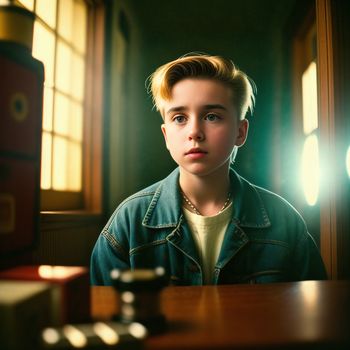 young boy sitting at a table with a light shining on him and a camera behind him