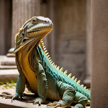 large lizard sitting on top of a stone wall next to a building with columns in the background and a green and yellow lizard on the front