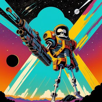 robot with a gun in his hand in front of a space background with planets and stars in the sky