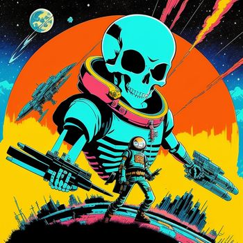 skeleton in a space suit holding a gun and a spaceship in the background with a full moon in the sky