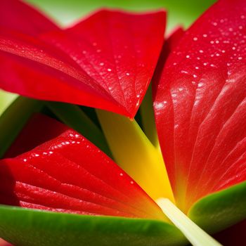 close up of a red flower with water droplets on it's petals and a green stem with a yellow center