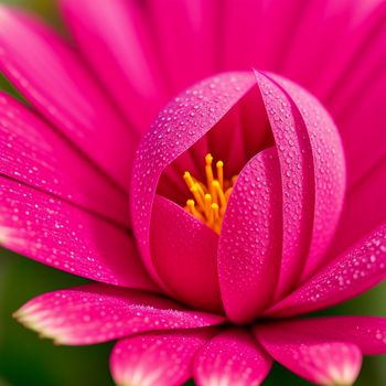 pink flower with water droplets on it's petals and a green background with a yellow center and yellow center