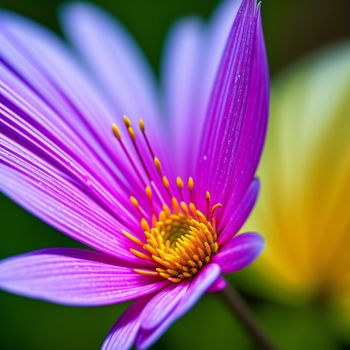 close up of a purple flower with yellow stamens on it's center and a yellow stamen on the center