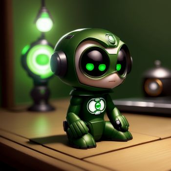 green robot sitting on a table next to a phone and a lamp on a table top with a phone in the background