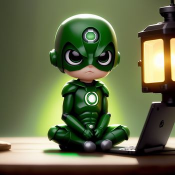 little green lantern sitting next to a laptop computer on a table with a lamp on it's side