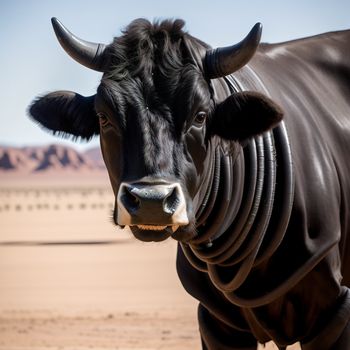 black cow with horns standing in a desert area with mountains in the background and a blue sky above