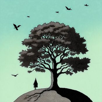 painting of a tree on a hill with birds flying around it and a person standing on a hill