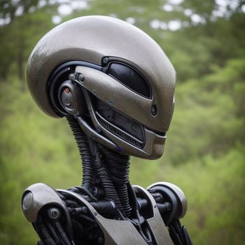 close up of a robot with a helmet on it's head and a forest in the background