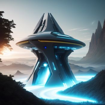 futuristic spaceship flying over a mountain in the sky with a trail going through it and a mountain in the background