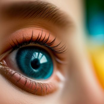 close up of a person's eye with a rainbow background and a blue eyeliner and a rainbow colored background