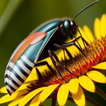 bug sitting on top of a yellow flower next to a green leaf and yellow flower with red and white stripes