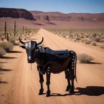 cow statue is standing in the middle of a desert road with cactus trees and a mountain in the background