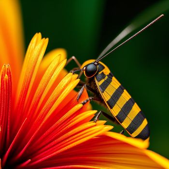 yellow and black striped insect sitting on a flower with a green background and a red and yellow flower