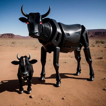 cow statue standing next to a cow statue in the desert with a sky background and a desert landscape