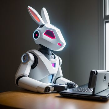 robot sitting at a desk with a laptop computer next to it and a rabbit head on the keyboard