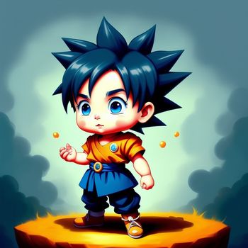 cartoon character is standing on a cliff with a blue hair and blue eyes and a yellow shirt on