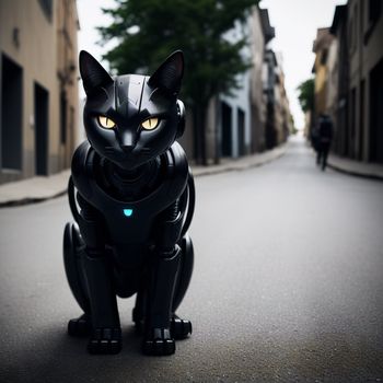 black cat statue sitting on the side of a road next to a building with a person walking by