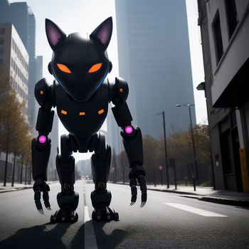 robot cat is standing in the middle of the street in front of a cityscape with skyscrapers