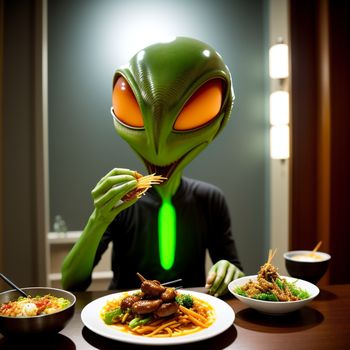 man with an alien head eating food at a table with a plate of noodles and a bowl of vegetables