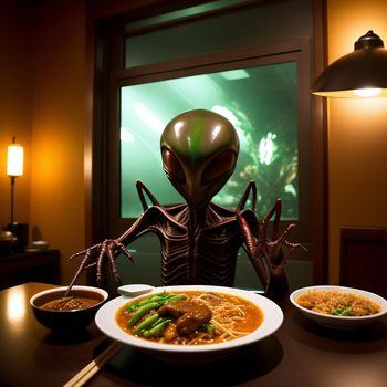 alien is sitting at a table with a plate of food in front of him and a bowl of soup in front of him