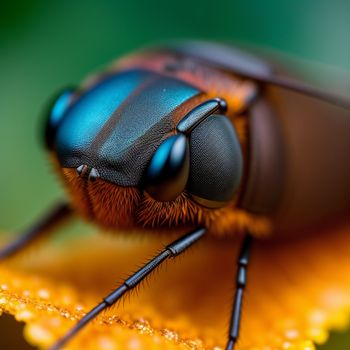 close up of a blue fly on a leaf with a blurry background of leaves and grass in the foreground