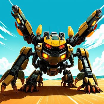 cartoon of a giant yellow robot with a huge spider like body and legs