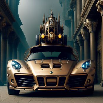 gold car with a clock on top of it's roof in a city street with columns and arches