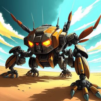 robot like creature with yellow eyes and legs on a desert ground with a sky background and clouds in the background