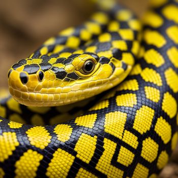 yellow and black snake is on the ground with its head turned to the side and it's head slightly to the side