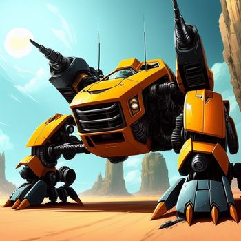 yellow and black robot is in the desert with a sky background and a rock formation in the foreground