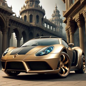 gold sports car parked in front of a building with a clock tower in the background and a clock tower in the background