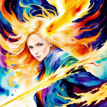 woman with long blonde hair holding a sword in her hand and a fire behind her head