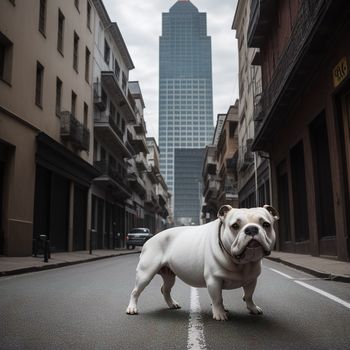 white bulldog standing in the middle of a street in front of a tall building with a skyscraper in the background