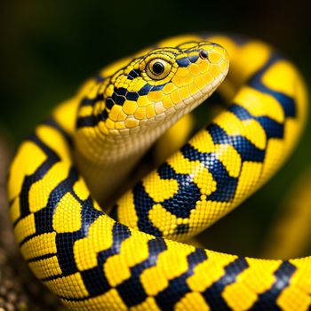 yellow and black snake is on a branch with its head turned to the side and it's head slightly to the side