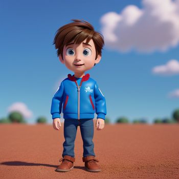 cartoon boy standing in a red dirt field with a blue sky in the background and clouds in the sky