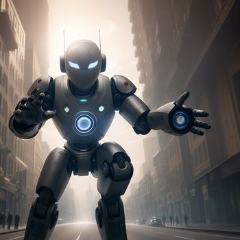 robot is standing in the middle of a city street with his arms outstretched and glowing eyes glowing in the distance