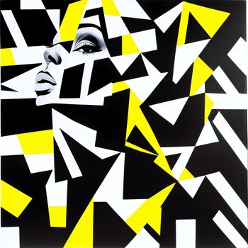 woman's face is surrounded by yellow and black triangles and triangles on a black background with white and yellow lines