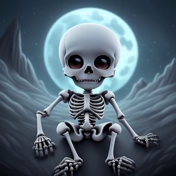 skeleton sitting on a rock in front of a full moon with a full moon in the background and a full moon in the sky