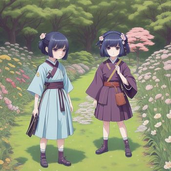 two young girls in traditional japanese dress standing in a field of flowers and grass