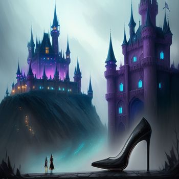 high heeled shoe sitting on top of a platform in front of a castle with a purple light