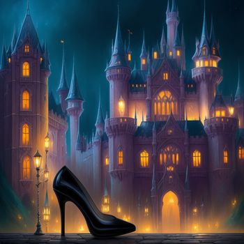 high heeled shoe sitting in front of a castle at night with a street light in front of it