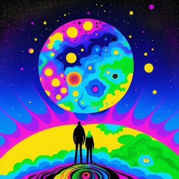 couple of people standing on top of a psychedelic rainbow colored field of liquid paint with a full moon in the background