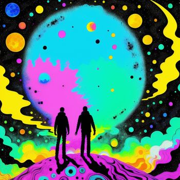 two people standing in front of a colorful background with a moon and stars in the sky above them