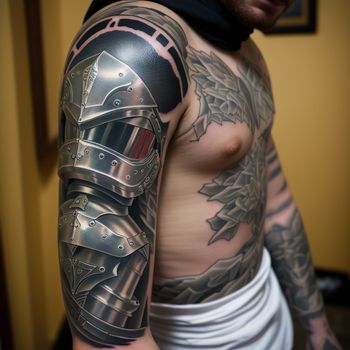 man with a tattoo on his arm and shoulder wearing a helmet and armor outfit with a sword on his shoulder