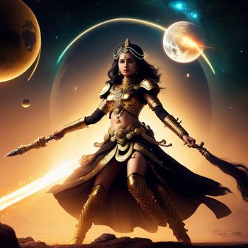 woman dressed in a costume with a sword in her hand and a planet in the background with a star in the sky