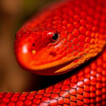 close up of a red snake's head and neck with a black eye and a black background