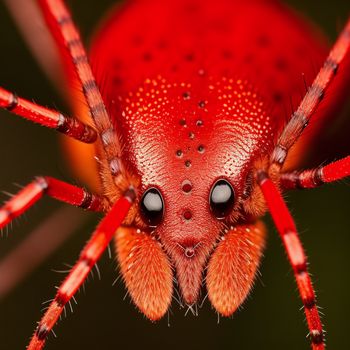 close up of a red spider with black eyes and a red body with black spots on it's head